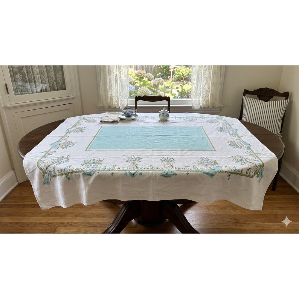 VTG 63" x 52" White Aqua Blue Green Cotton Tablecloth Floral Fruit Dining Table